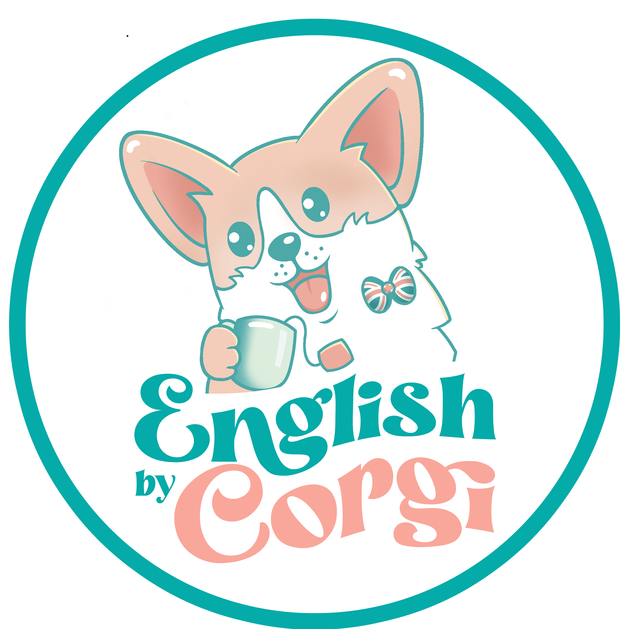 a logo with a corgi holding a cup